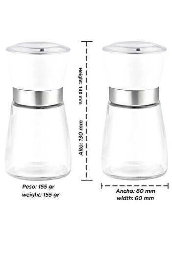 Tilbe Home Set of 2 Pepper Salt Shakers Mill Ceramic Blade Grinder Medium Size Durable Glass Spice Grinder