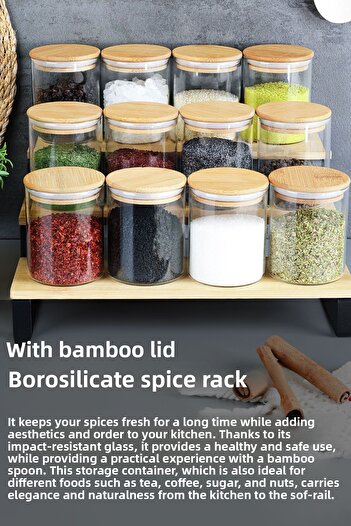 Meleni Home Set of 12 Bamboo Lids Glass Spice Shakers with Spoons - Vacuum Glass Jar Spice Storage Container 200 ml