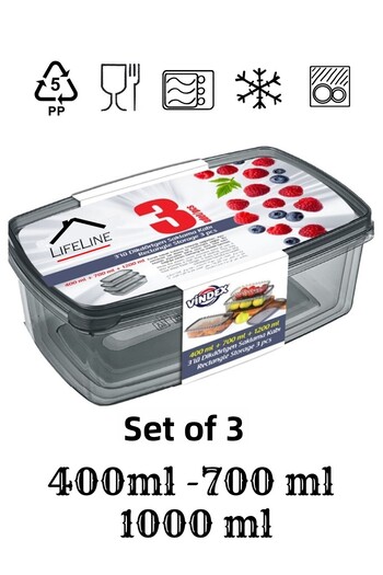 Life Line 3-Piece Rectangular Leak-Proof Airtight Food Food Food Storage Container Set of 3 400ml 700ml 1000ml