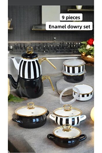 Bayev 9 Piece Black Striped Enamel Dowry Set
