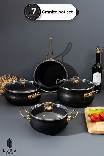 Skygo 7 Piece Black Granite Gold Handle Pot Set – Gold Metal Handle, 24 cm