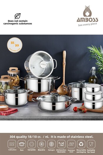 Amboss 16 Pieces Cool Prime Stainless Steel Cookware Set & Steel Storage Container