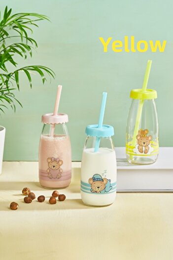 QLUX IDEAS C-00521 Sleepy Bear 250ml Milk Cup Glass Drink with Straw