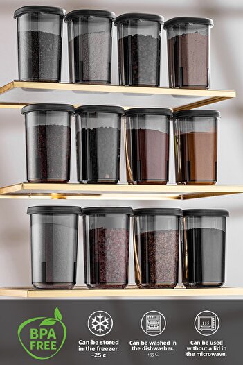 Meleni Home 12-Piece Spice Jar Set with Label and Lockable Non-Breathable Lid-Spice Jar Storage Container Gray