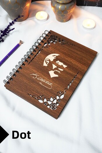 markcat Mustafa Kemal Atatürk Wooden Cover Notebook - Dotted Notebook - 60 Sheets (120 Pages) - A5 15X21 cm