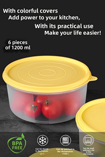 Meleni Home Set of 6 Yellow Round Food Storage - Food Container, 1200ml Capacity