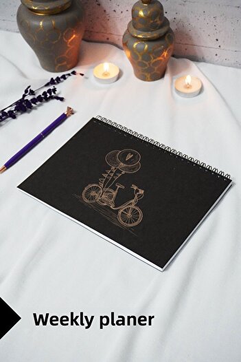 markcat A5 Bicycle Themed Black Kraft Notebook with Cover - Weekly Planner - 52 Sheets 15X21 cm