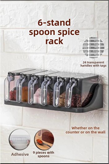 Hayveys 6-Piece Black Countertop Spice Set with Spoon and Stand - Adhesive Wall Mounted
