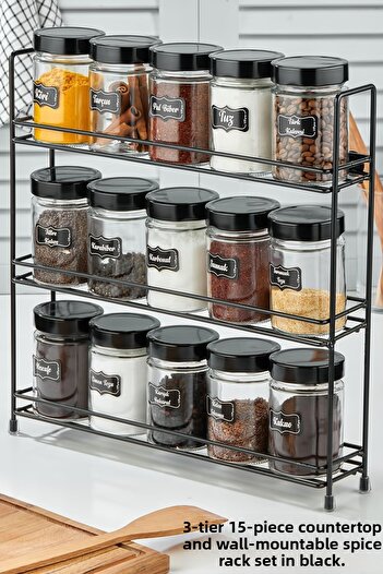 vipgross 15-Piece Round Glass Jar Set with 3-Layer Metal Stand, 3-Layer 15-Piece Spice Jar Set