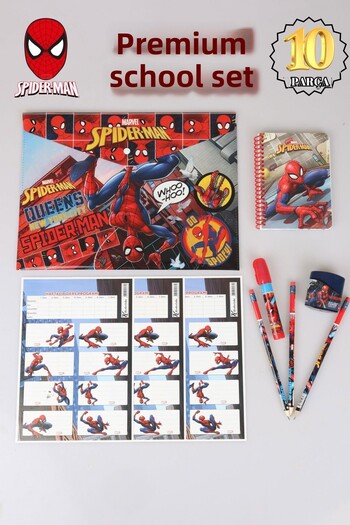 SPIDERMAN 10 Pieces Licensed Stationery Set - Snap File, School Label, Memo Pad and 3 Pencils