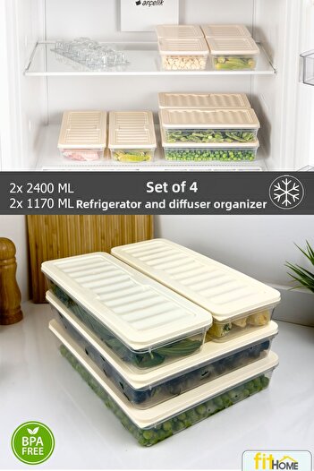 FİTHOME Refrigerator and Freezer Organizer Set of 4 Freeze Storage Container Airtight 2X2400Ml 2X1170Ml