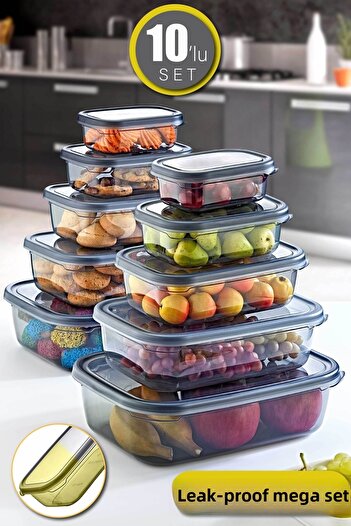 grimorlife 10-Piece Leak-Proof Storage Container (350 ML 670 ML 1,2 LT 2 LT 3,2 LT) - Deep Freezer and Microwave