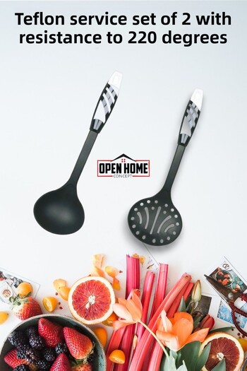 Open Home Concept 220° Durable White Teflon Serving Set - 2-Piece Fireproof Non-Stick Colander and Ladle