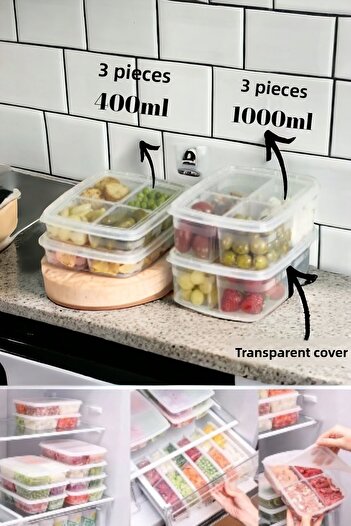 Bayev 6' Li 2 Size Portion Compartment Storage Container Set - Meat, Mincer, Vegetable, Refrigerator, Freezer Organizer