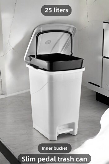 Carat Home Slim Pedal Bathroom Kitchen Trash Can with Inner Bucket - 25 Liters - White