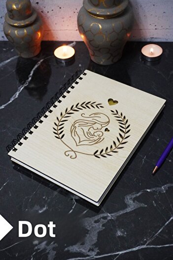 markcat Mother and Baby Themed Wooden Cover 120 Sheets Notebook - Dotted Agenda (A5)