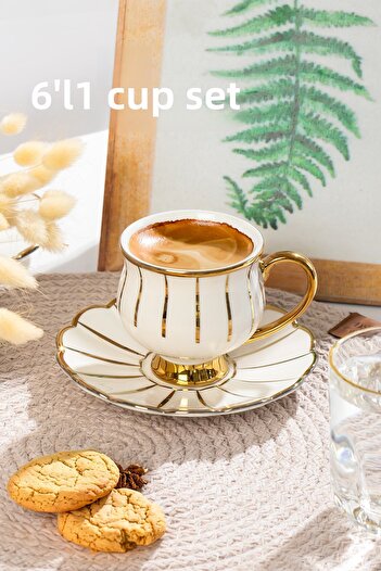 Porsima Lily Gold Gilded 6-Person Cup Set 12-Piece Turkish Coffee Set Coffee Cup