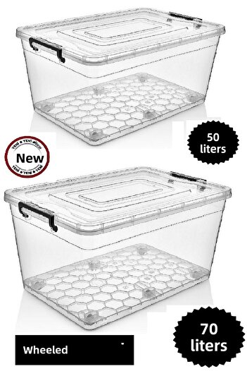 DEEMBRO Wheeled Storage Container Set of 2 50 Lt and 70 Lt Large Size Wheeled Storage Box Storage Toy