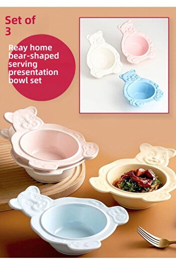 REAY HOME Bear Shaped 3-Piece Handmade Ceramic Presentation Bowl Set - Blue White Pink