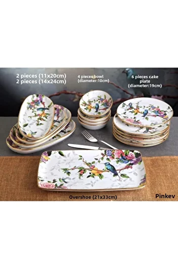 Pinkev Flora 30 Piece 6-Person Ceramic Cake Breakfast Tea Presentation Plate Set
