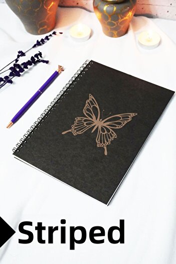 markcat A5 Butterfly Themed Black Kraft Cover Notebook - Lined Notebook - 60 Sheets (120 Pages) 15X21 cm