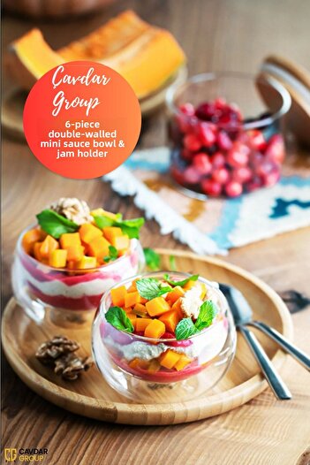 Çavdar Group 6 Pieces of Glass Mini Dragee - Double Wall Sauce Bowl and Jam Bowl Turkish Delight Bowl