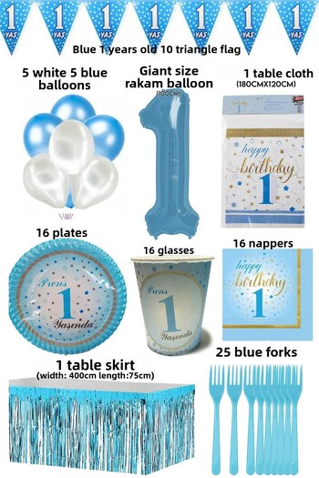 Parti dolabı 1 Year Old Boy Birthday Party Set for 16 Persons with Blue Numbers and White Balloons (plates, glasses, napkins etc.)
