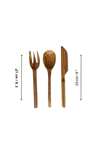 egedeneve Natural Olive Wood Wooden 3-Piece Zeus Dinnerware Set - Fork & Knife & Spoon
