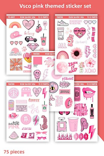 TUGİBU Vsco Pink Laptop Notebook Agenda Notebook Tablet Sticker Label Decal Set - 75 Pieces