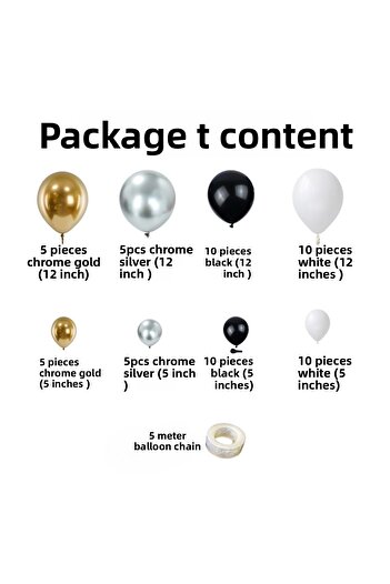 Organizasyon Pazarı Balloon Set Chrome Gold-Chrome Silver-Black-White 60-Piece Balloon Chain Set