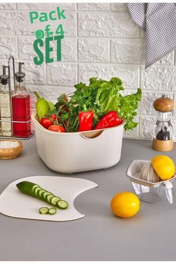 Espas Home 4 Piece Multipurpose Set - Mixing Bowl / Strainer / Cutting Board / Lemon Squeezer - Cream