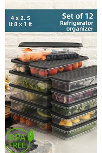 Leila 12 Pcs Anthracite Lid Storage Container, Suitable for Refrigerator Organizer Microwave and Freeze 18Lt