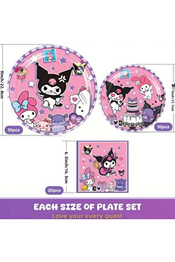 So Iconic 20-Person 80-Piece Sanrio Kuromi Character Birthday Party Set / Cardboard Plates, Cups, Napkins