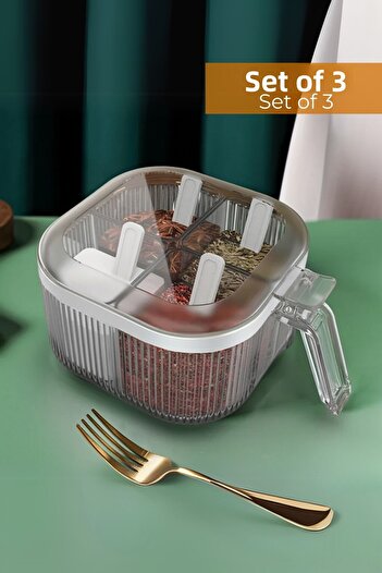 Hesaplı Kasa 4 Compartments, 4 Spoons, Seasoning Bowl with Handle Lid, 1.1 Lt, Set of 3