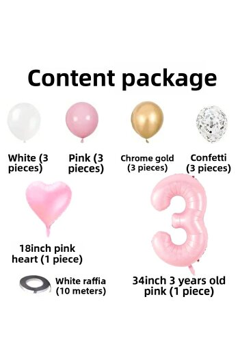 Konsept Sepeti 3 Year Old Birthday Set - Pink Heart Balloon with White Pink, Chrome Gold Color Confetti