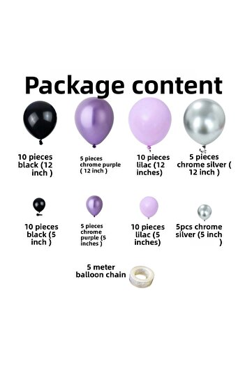 Organizasyon Pazarı Balloon Set Black-Chrome Purple-Lilac-Chrome Silver Set of 60 Balloon Chain