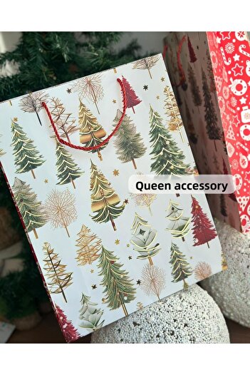 QUEEN AKSESUAR Внесена голяма подаръчна кутия от златно фолио с блестящ мотив на коледна елха за Нова година - картонена торбичка с дръжки от въже