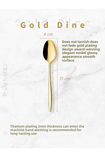 DMR LİFE Gold Dine 12 Piece Fork/Spoon Set for 6 People (Shiny Gold)