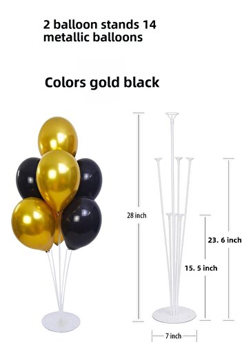 Parti dolabı 2 Pieces of 7 Balloon Stands and 14 Pieces of Gold-Black Metallic Balloons Set