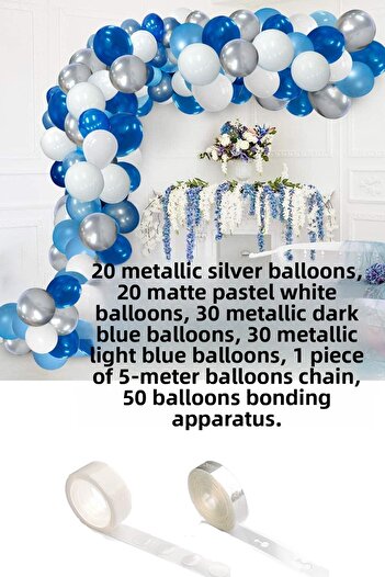 Parti dolabı Balloon Party 100 Pieces White Blue Gray Navy Blue Metallic Balloon And Balloon Chain