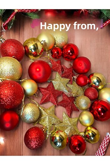 Happyland New Year's Red and Gold Star Set - 32 Pieces (12Pcs6Cm, 12Pcs4Cm), 8 Star Ball Set