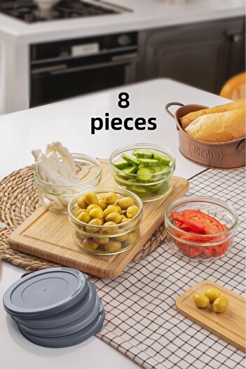 Paşabahçe Zuri 8-Piece Breakfast Jam Snack Bowl GRAY Glass Bowl with Lid Storage Container 400 cc
