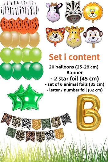 Patladı Gitti Safari Concept B Letter Birthday Party Celebration Set; Letter and Star Foil, Banner and Balloon Chain