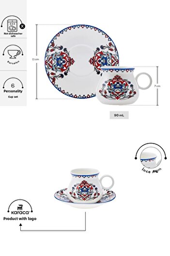 Karaca Hattat Coffee Cup Set for 6 People 90 ml