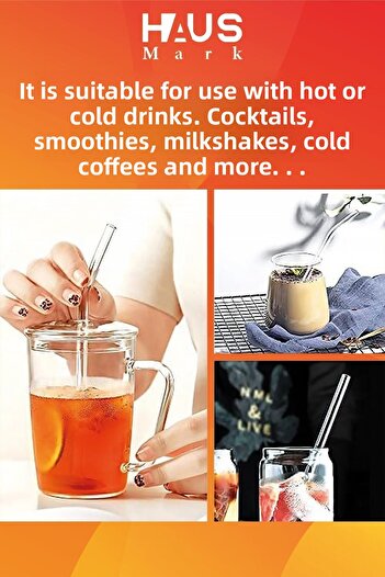 HAUSMARK 4 Flat Glass Straws 13cm, 1 Cleaning Brush, First Quality thermosilicate borosilicate coffee cup