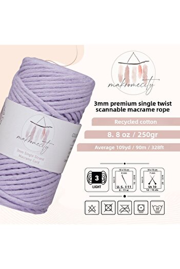 Makromecity Taranan Macrame Σχοινί 3mm Scallable Βαμβακερό Μακραμέ Σχοινί Μακραμέ Σχοινί Λιλά
