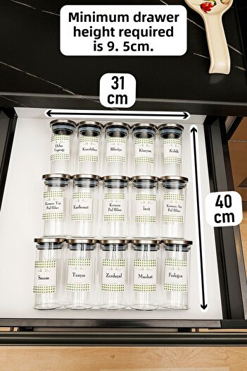 color house 15 Pieces of Spice Rack Borosilicate with 300ml Steel Lid - White Stand with 3 Double Stops