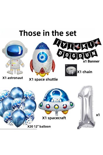 Patladı Gitti Space Concept Σετ γιορτής γενεθλίων 1 έτους. Σετ μπαλόνι με φύλλο αστροναύτη, UFO και διαστημόπλοιο