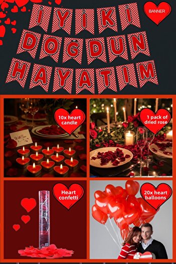 Baloncu Dede Heart Balloon Heart Candle Heart Banner Dusty Rose Set Valentine's Day Dear Birthday