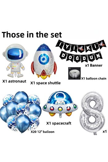 Patladı Gitti Space Concept Σετ γιορτής γενεθλίων 8 ετών. Σετ μπαλόνι με αλουμινόχαρτο αστροναύτη, UFO και διαστημόπλοιο